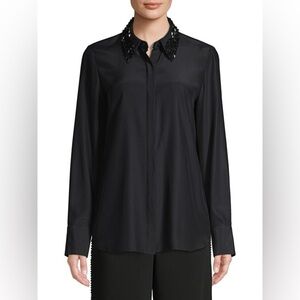 NWT Lafayette 148 Size Large Black Julianne Embellished Collar Silk Blouse $548